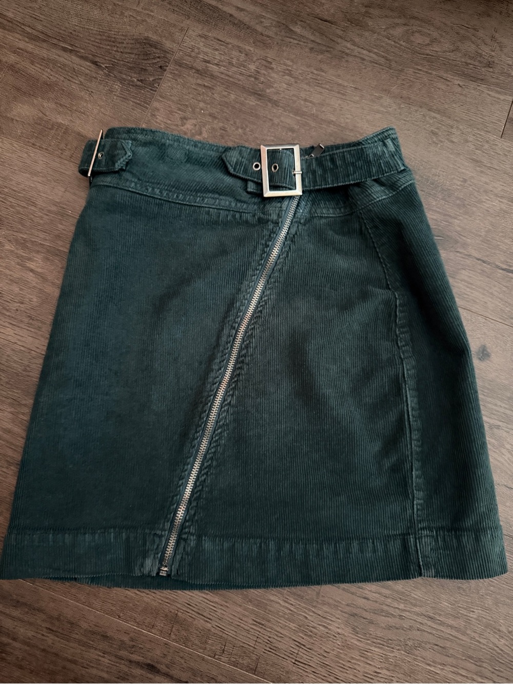 Urban Outfitters Dark Green Corduroy Mini Skirt with Belt & Diagonal Zip